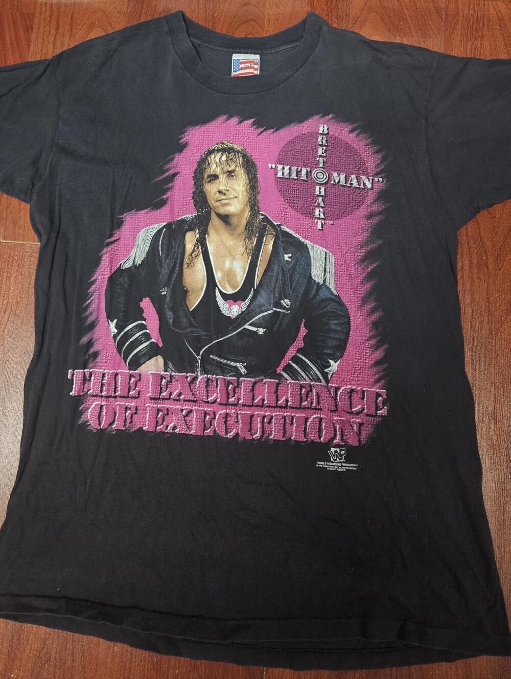 Vintage Bret Hart Black Graphic Wrestling Logo T-Shirt with Pink Accent